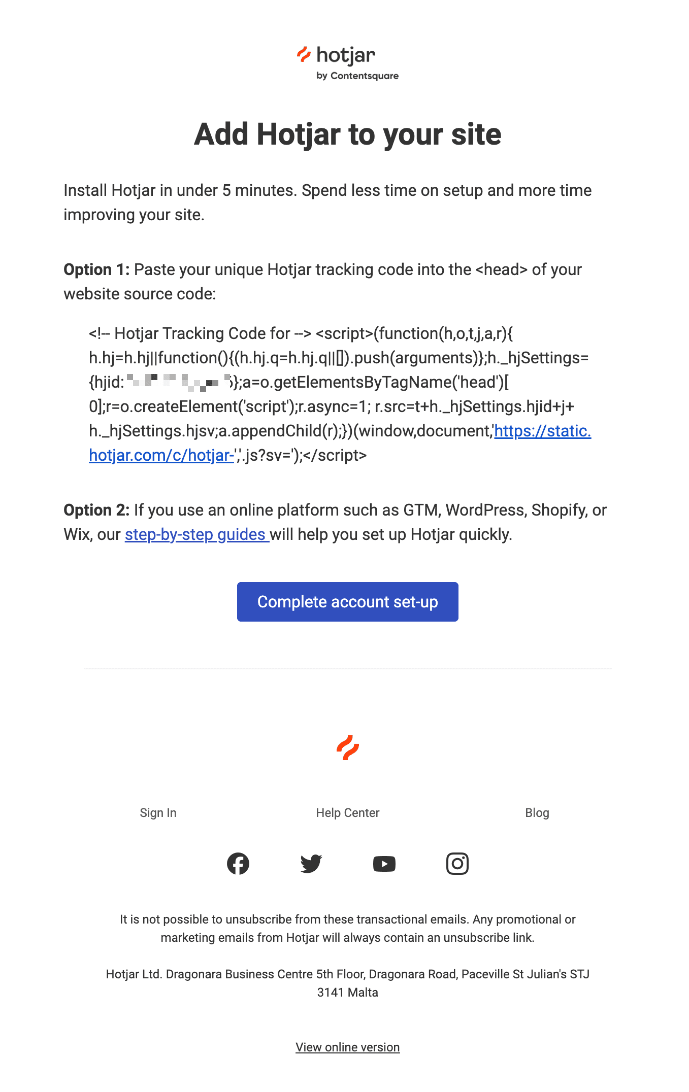 Screenshot of Finish installing Hotjar