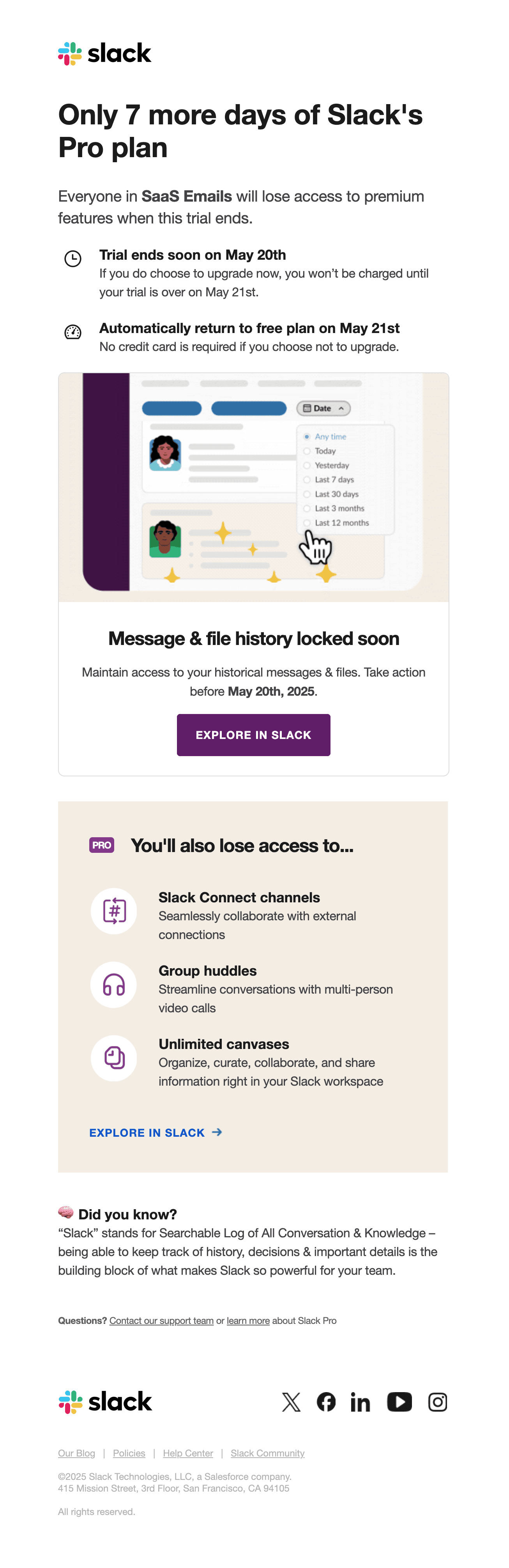 Screenshot of SaaS Emails's free trial of Slack Pro ends in 7 days