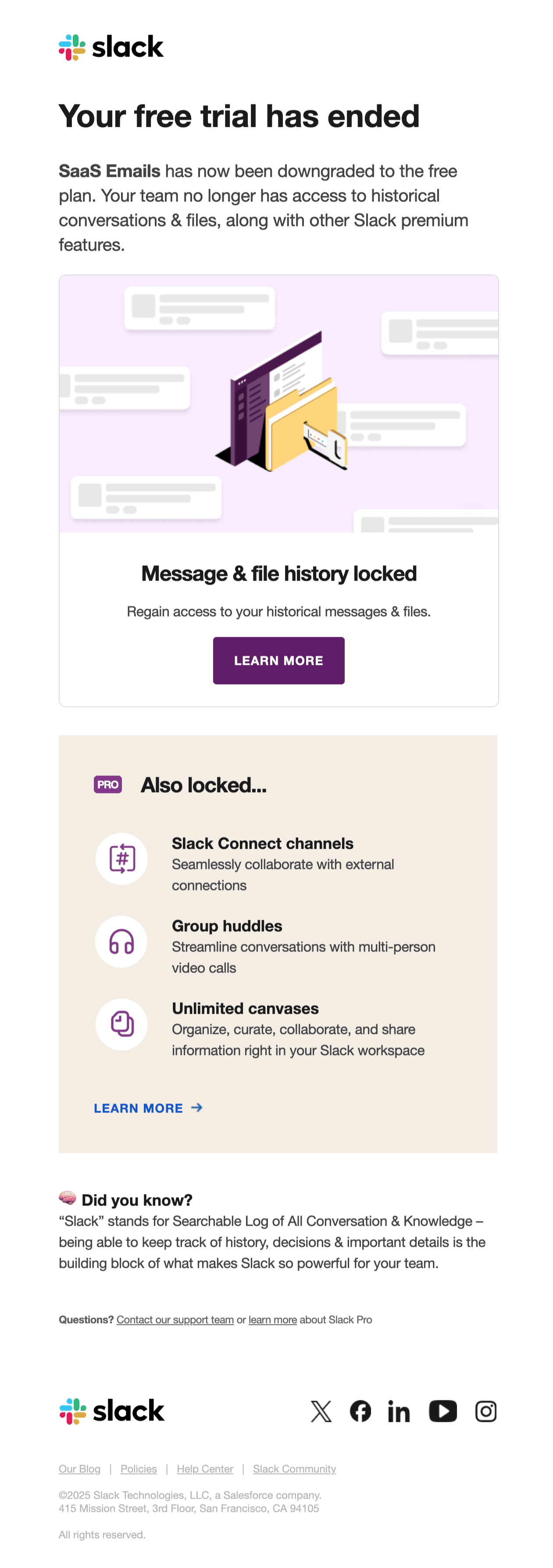 Screenshot of Your trial of Slack’s Pro plan has ended